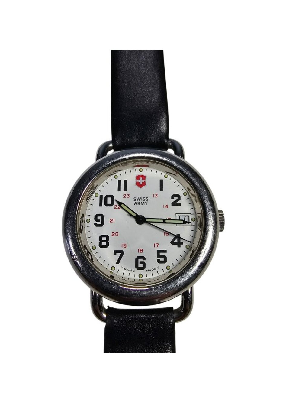 Swiss Army Men's Stainless Steel Watch With White Dial & Black Leather Band